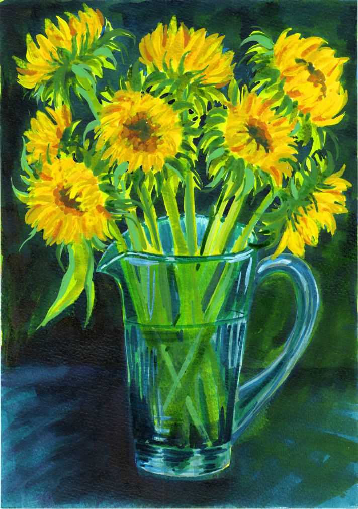 Sunflowers in Glass Jug Print 17 by Victoria England, Artist