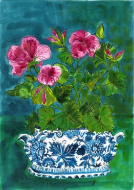 Geraniums in Soup Tureen Print 18 by Victoria England, Artist
