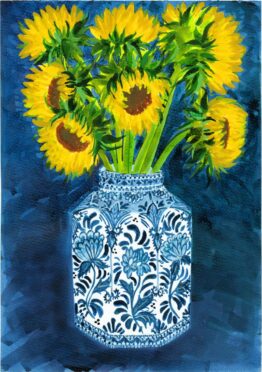 Sunflowers in Blue & White Vase Print 19 by Victoria England, Artist