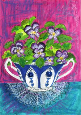 Violas in Derby Soup Coupe Print 32 by Victoria England, Artist