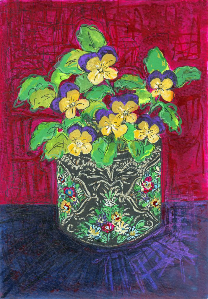 Violas in Chinosire Tin Print 35 by Victoria England, Artist