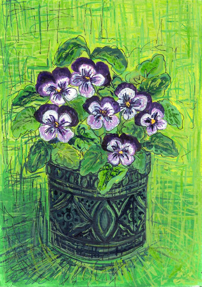 Violas in Moroccan Pot 37 by Victoria England, Artist